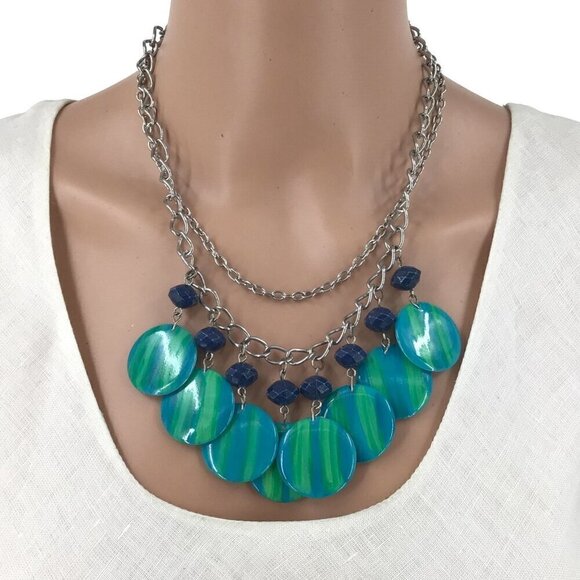 Double Strand Necklace Blue Green Beaded Fringe Silver Tone Chain Adjustable Len - Picture 1 of 2